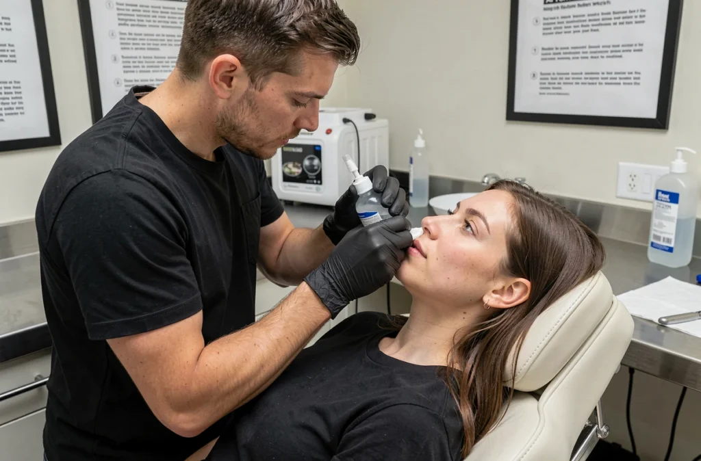 Perceur professionnel nettoyant un piercing nez avec solution saline dans un studio de perçage