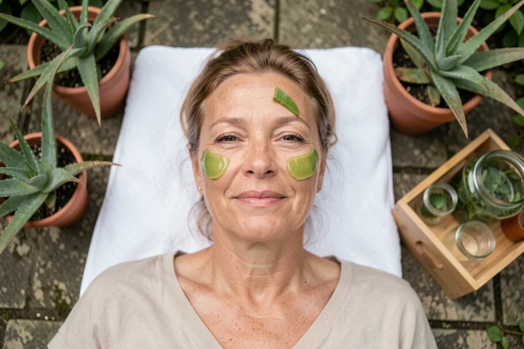 Femme âgée se faisant un soin du visage naturel à l'aloe vera et thé vert dans un jardin pour lutter contre le relâchement cutané