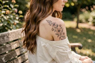 Tatouage femme épaule clavicule style bohème avec motifs floraux et botaniques en fineline sur peau naturelle
