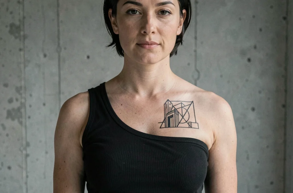 Tatouage graphique géométrique épaule et clavicule femme sur fond béton minimaliste studio