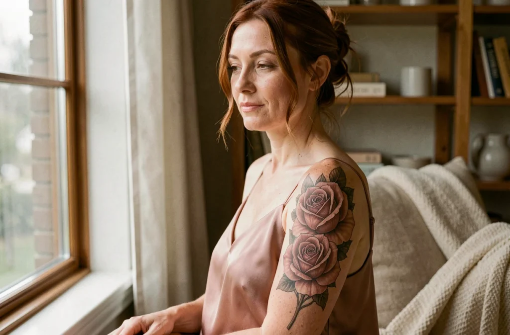 Tatouage réaliste rose épaule clavicule femme aux cheveux auburn en intérieur chaleureux