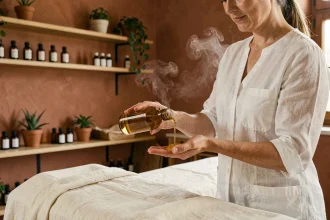 Thérapeute versant de l'huile naturelle dans un salon de massage à Toulouse avec ambiance apaisante