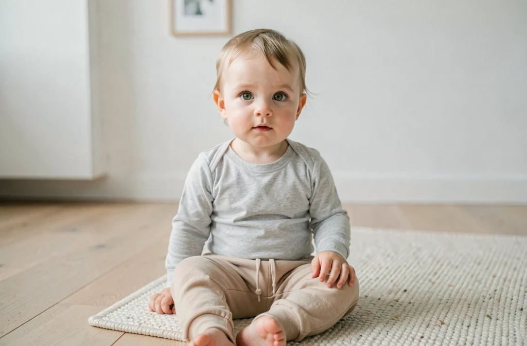Enfant de 12 mois aux yeux noisette verts assis sur un parquet en bois dans un intérieur scandinave minimaliste, regardant l'objectif