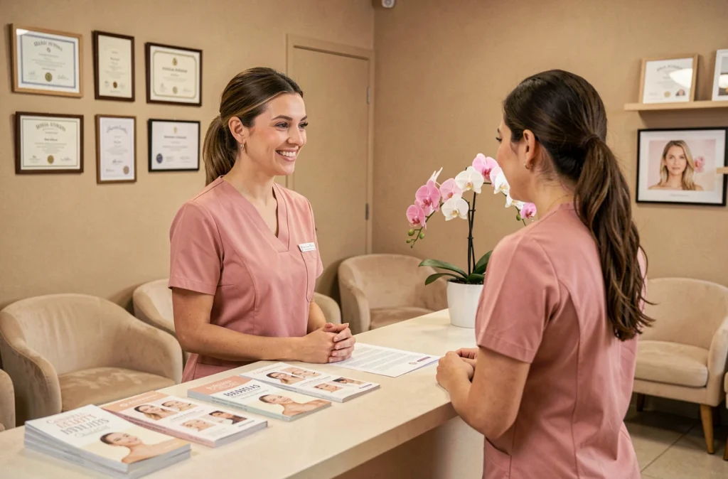 Esthéticienne accueillant chaleureusement une cliente à la réception de l'institut de beauté Absolu'E à Nîmes