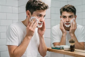 Adolescent appliquant de la crème à raser devant un miroir de salle de bain avec un coffret rasage posé sur la tablette