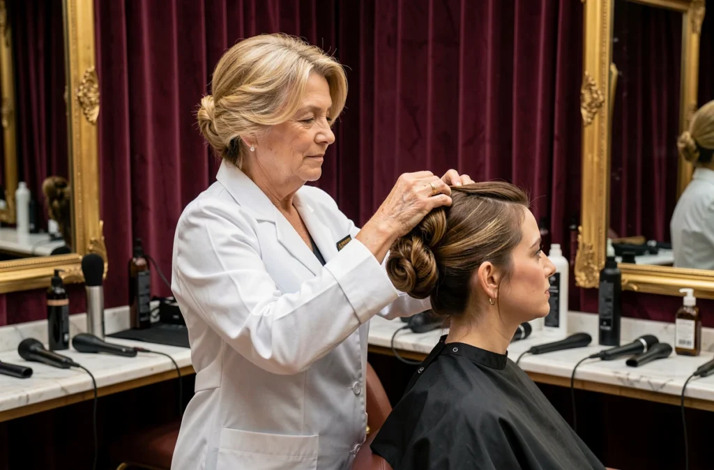 Coiffeuse MOF réalisant un chignon élaboré sur une cliente dans le salon haut de gamme Alima Baz, avec un décor raffiné aux miroirs dorés