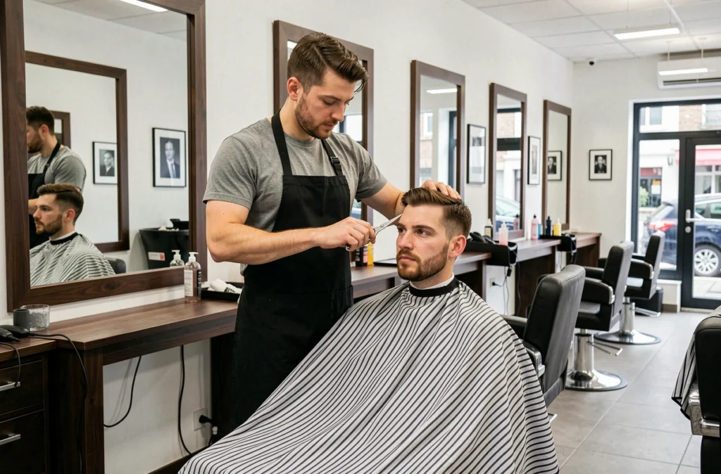 Coiffeur du salon Anthony Coiffure à Angers réalisant une coupe précise sur un client masculin
