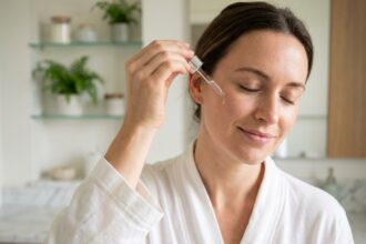 Femme appliquant un sérum à l'acide hyaluronique avec un compte-gouttes sur sa joue dans une salle de bain minimaliste en marbre blanc