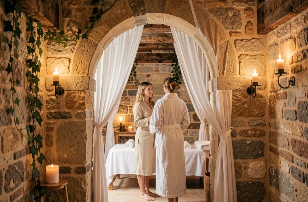 Thérapeute accompagnant une cliente enveloppée dans un peignoir blanc vers une salle de soin dans le spa bien-être Bulle de Soi à Carcassonne