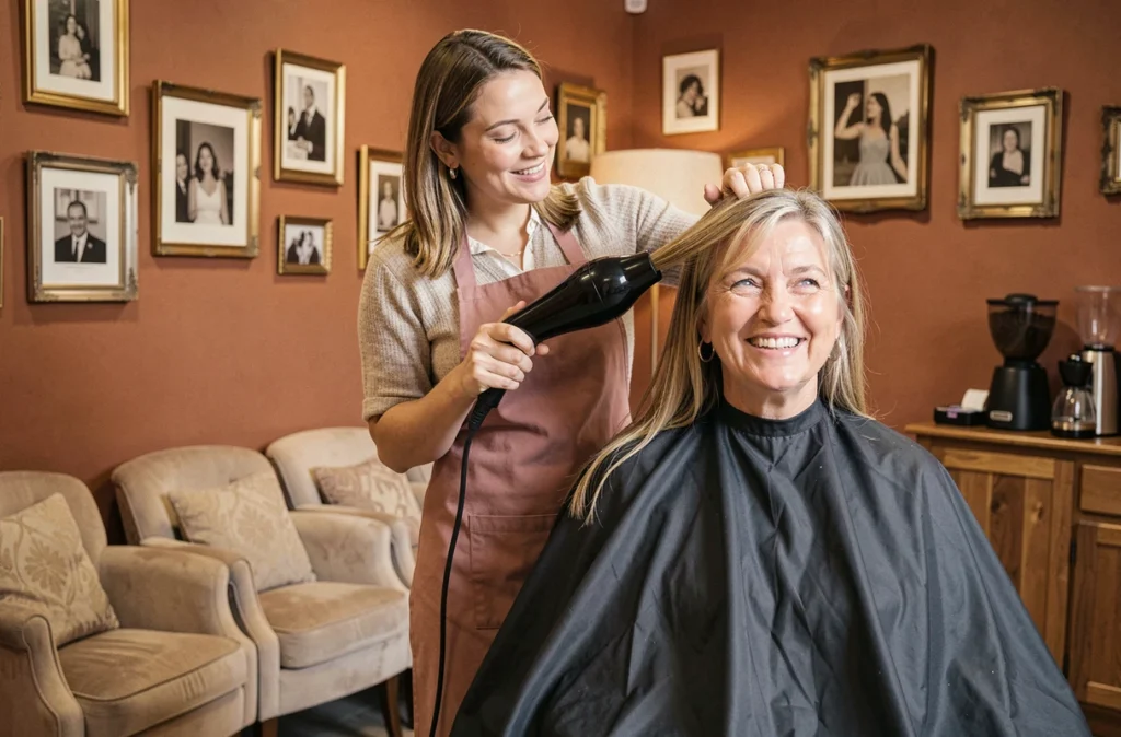 Coiffeuse du salon Cosy 14 à Angers finissant le coiffage d'une cliente dans une atmosphère chaleureuse
