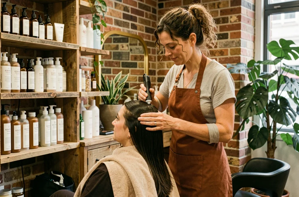 Coiffeuse du salon Cuisine et Kératine à Nantes appliquant un soin kératine sur une cliente