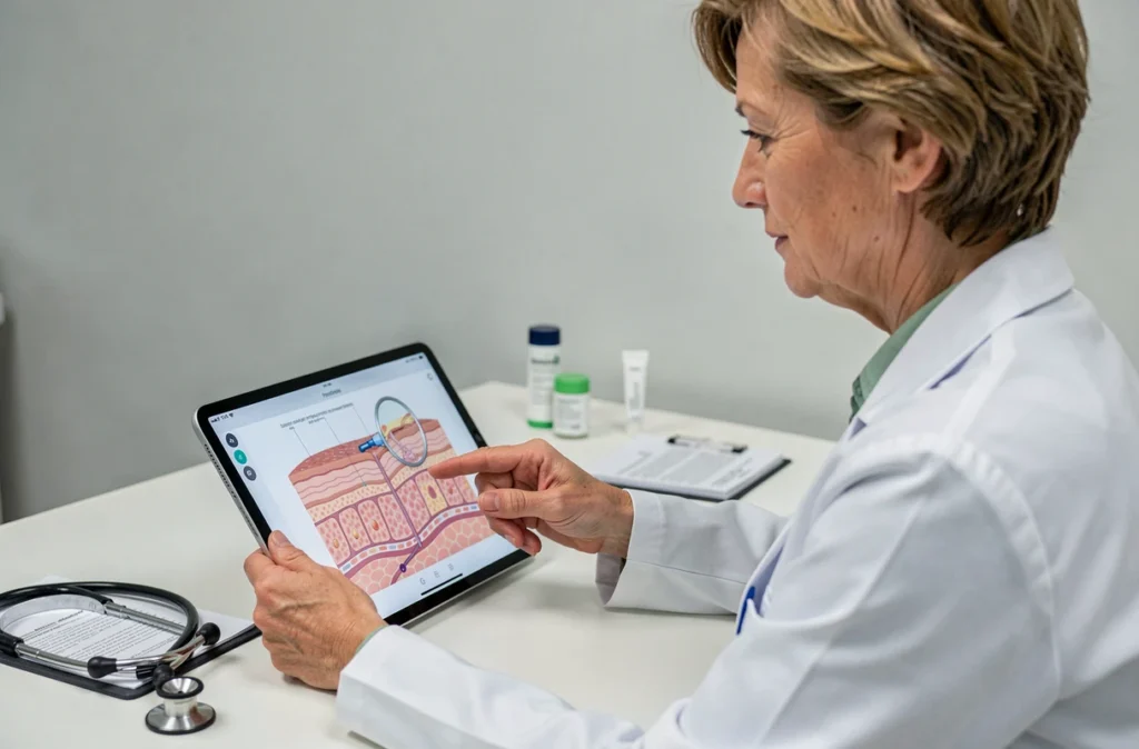 Dermatologue expliquant les risques d'une crème pour peaux sensibles sur une tablette en cabinet médical