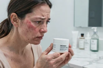 Femme aux peaux sensibles examinant une crème Nuvaskin avec inquiétude dans une salle de bain épurée