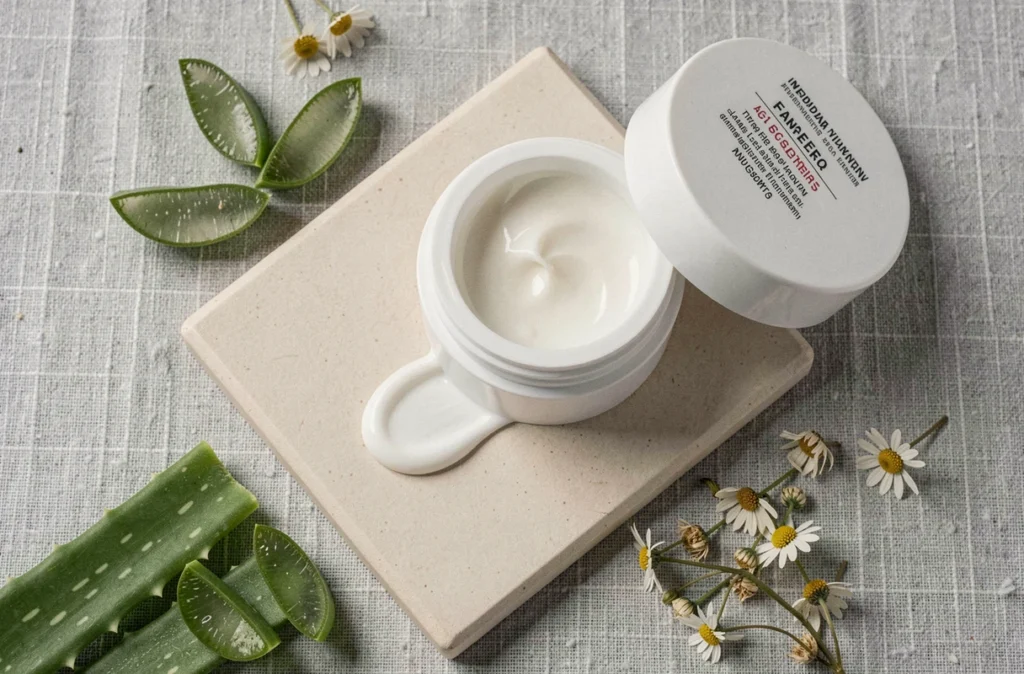 Gros plan d'un pot de crème cosmétique pour peaux sensibles entouré d'ingrédients naturels et d'une étiquette d'avertissement