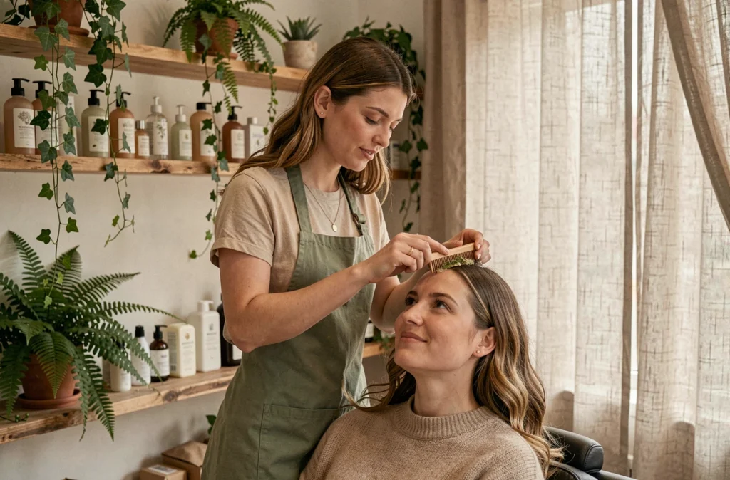 Coiffeuse de L'Air Végétal by A. Coiffure à Angers appliquant un soin végétal sur une cliente
