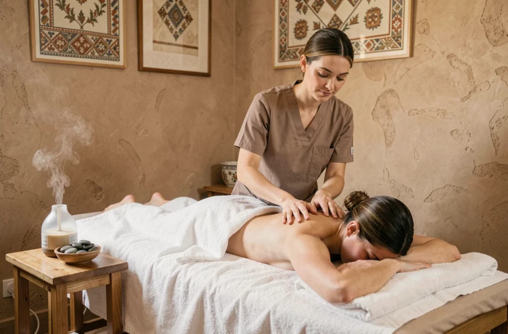 Masseuse effectuant un massage corps relaxant sur une cliente allongée à L'Escale Beauté à Albi