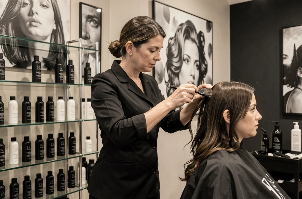 Coiffeuse du salon Mafalda Nantes Haute Beauté du Cheveu appliquant une coloration sur une cliente