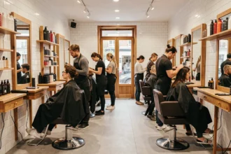 Vue d'ensemble d'un salon de coiffure élégant dans les Pays de la Loire avec plusieurs coiffeurs au travail