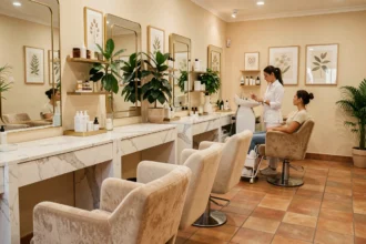 Vue panoramique d'un salon de beauté élégant en Occitanie avec des stations de soins modernes et une atmosphère chaleureuse méditerranéenne