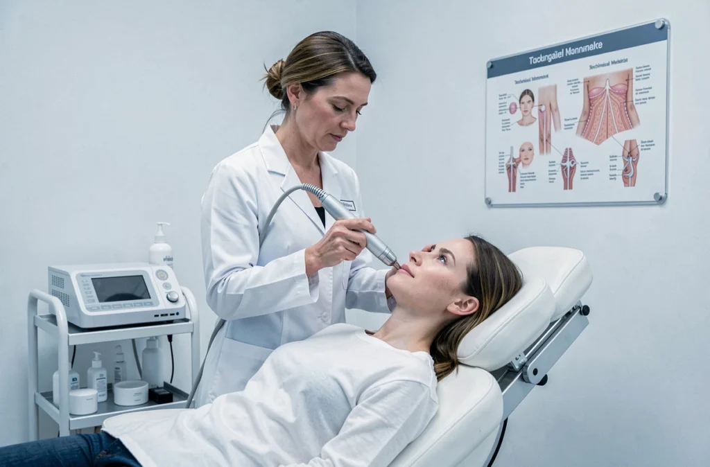 Esthéticienne utilisant un appareil de soin technique moderne sur une cliente dans l'institut Mezo&Line à Montpellier