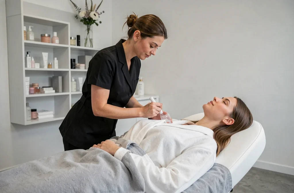 Esthéticienne professionnelle appliquant un soin du visage à une cliente dans le studio de beauté Nova Studio à Nîmes