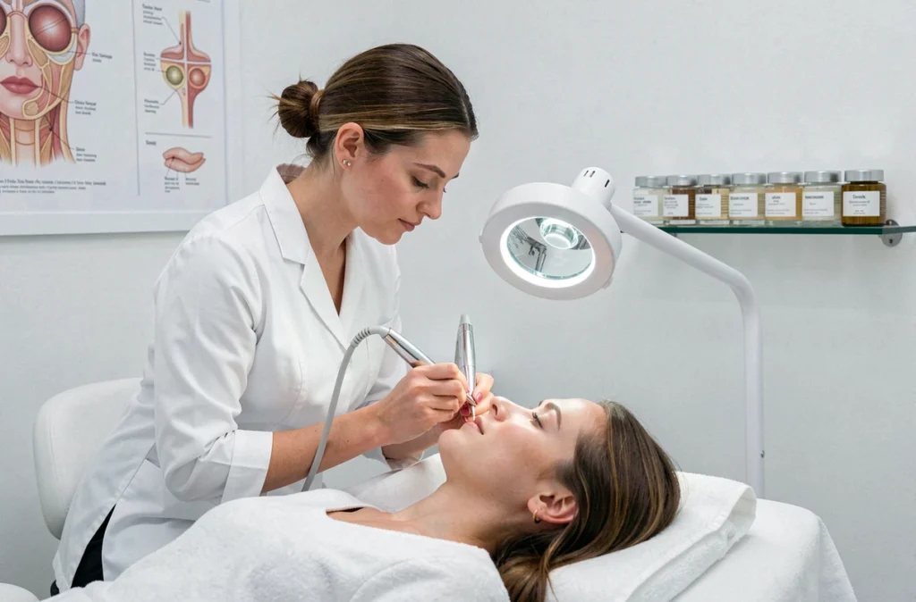 Esthéticienne spécialisée réalisant un soin du visage précis sur une cliente dans l'institut Ô Visage à Toulouse