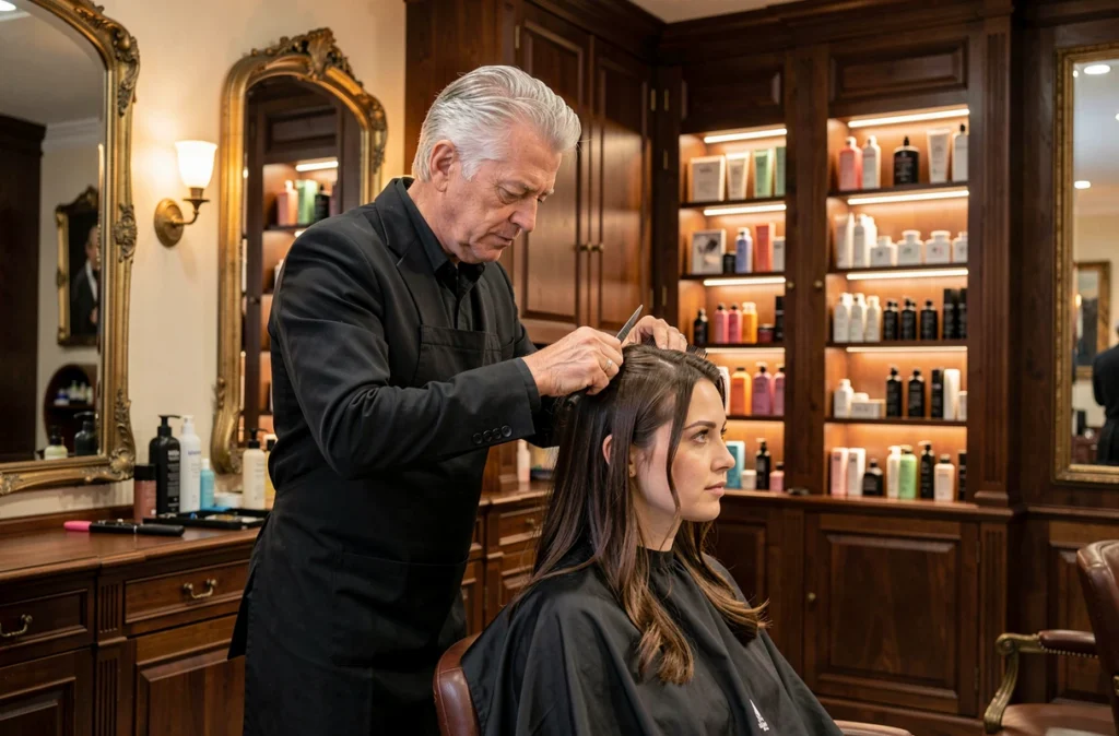 Le coiffeur Pascal Meignan à Angers coiffant une cliente avec soin et expertise dans un salon classique