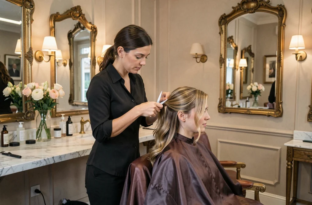 Coiffeuse au salon Ruhlmann Élégance à Guérande coiffant une cliente dans un cadre raffiné