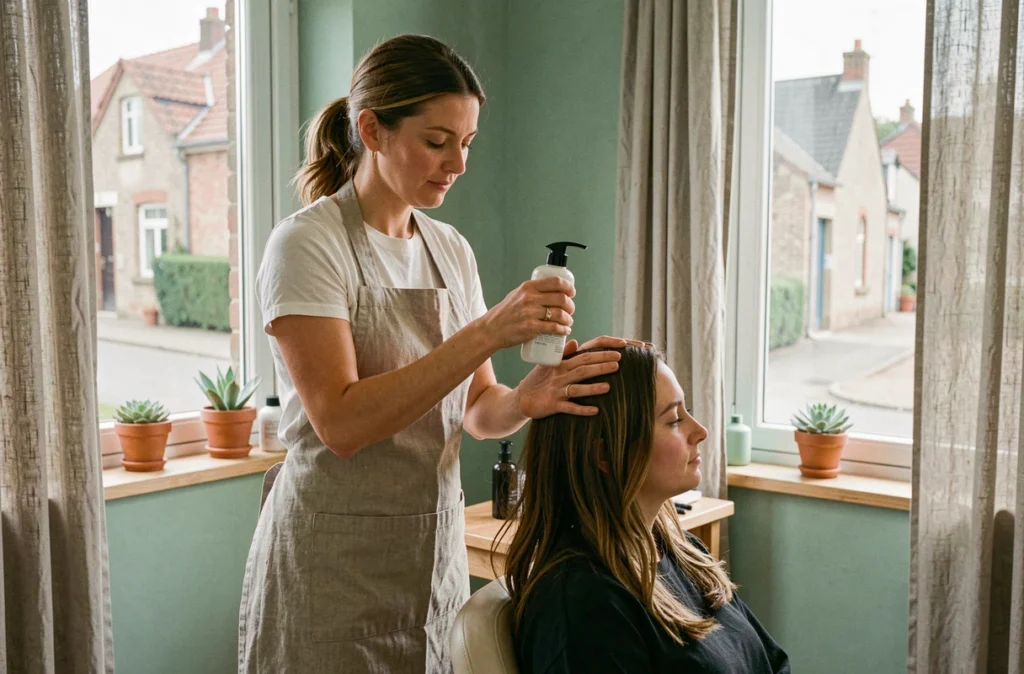 Coiffeuse du Salon Sérénité à Coëx réalisant un soin capillaire apaisant sur une cliente dans un cadre zen