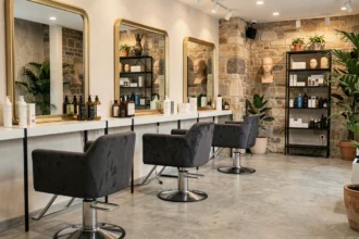 Intérieur d'un salon de coiffure moderne en Moselle, avec des postes de coiffage élégants, des miroirs dorés et une atmosphère raffinée