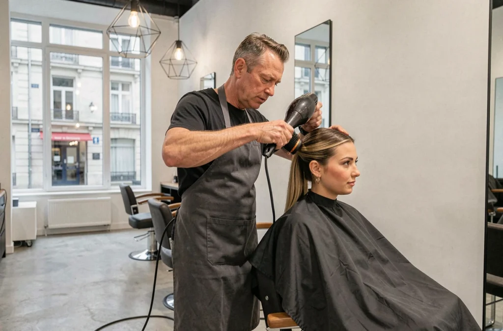 Coiffeur du salon Via Claudia à Nantes réalisant un brushing élégant sur une cliente