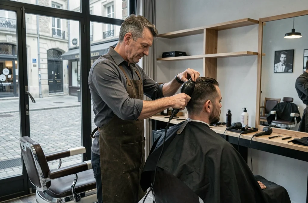 Coiffeur masculin stylisant les cheveux d'un client dans un salon barbershop traditionnel de Clermont-Ferrand