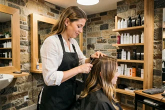 Coiffeuse professionnelle coupant les cheveux d'une cliente dans un salon moderne du Puy-de-Dôme