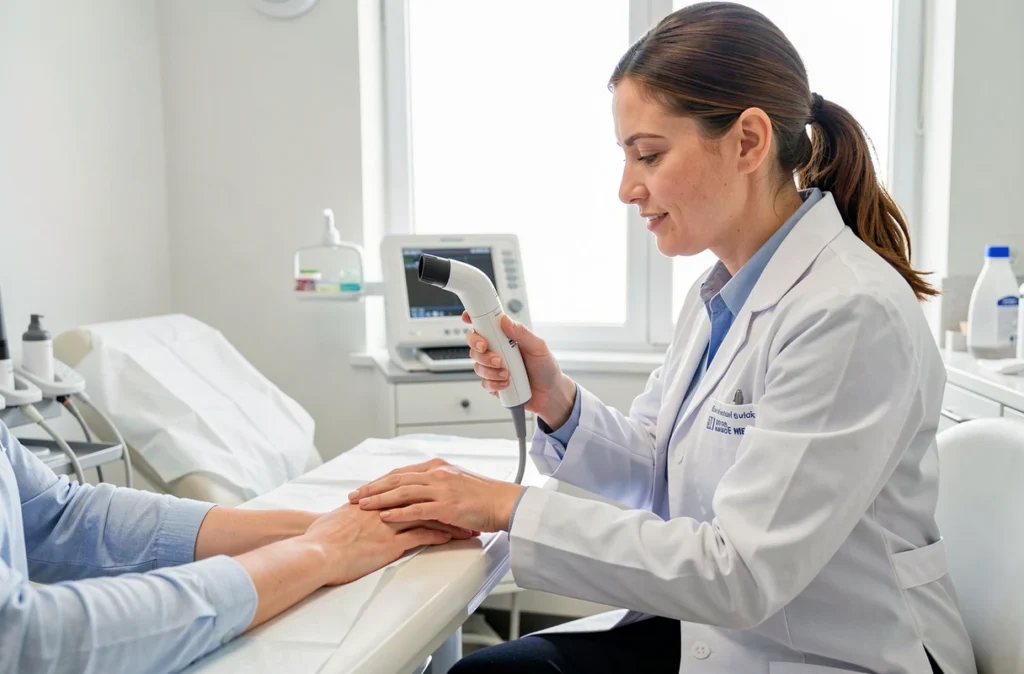 Dermatologue examinant la peau d'un bras au dermatoscope