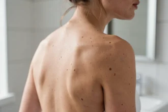 Peau du dos avec quelques grains de beauté en lumière naturelle